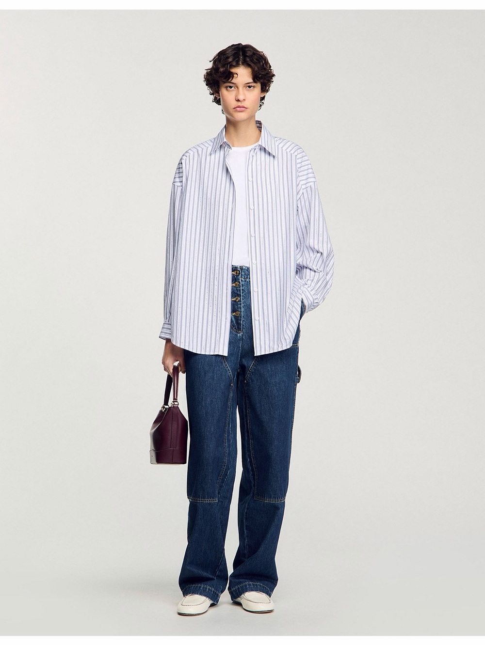 Sandro Striped Rhinestone Trim Shirt